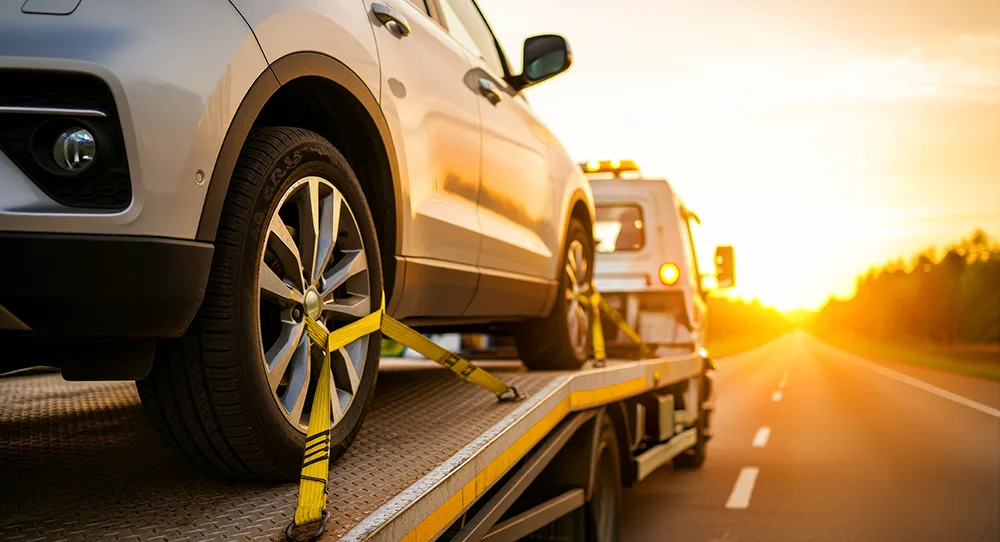 Image shows a car strapped to a recovery truck