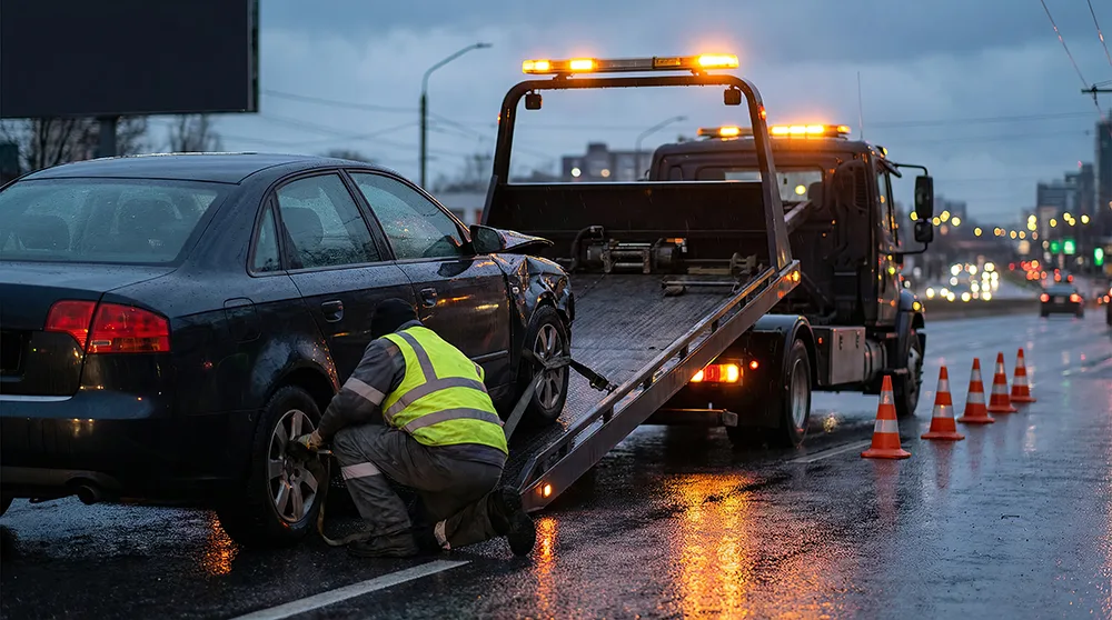 Image shows a damaged car being loaded onto a recovery truck