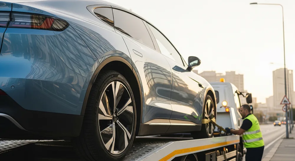 Image shows a car being strapped to a recovery vehicle by a technician